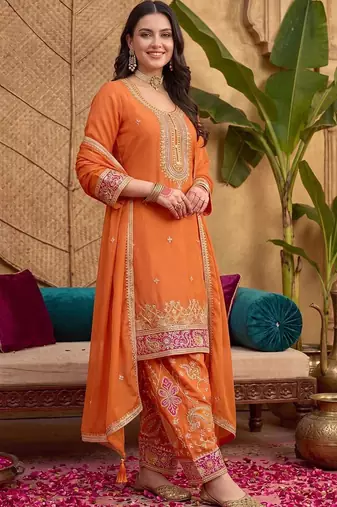 Women Ethnic Motifs Embroidered Regular Sequinned Kurta with Patiala & With Dupatta