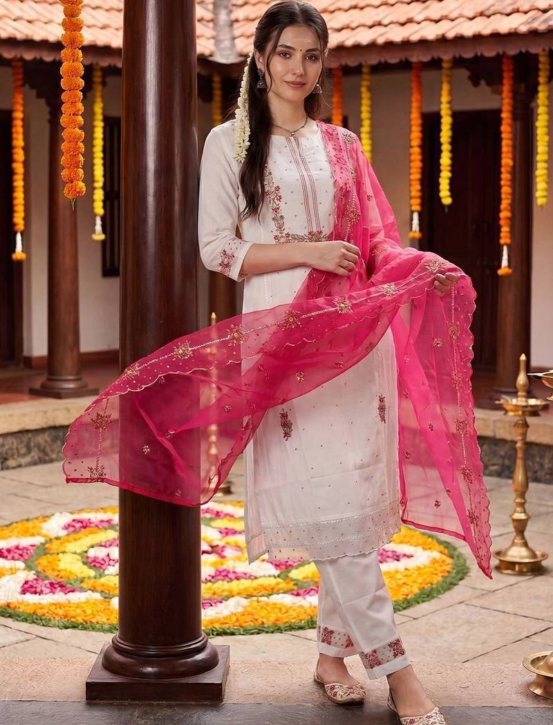 Women Floral Embroidered Regular Thread Work Kurta with Trousers & With Dupatta