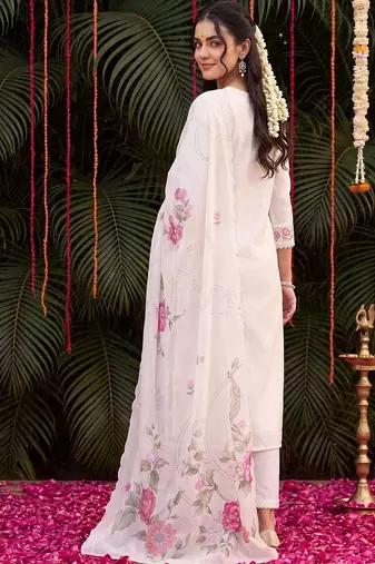 Women Floral Embroidered Regular Thread Work Kurta with Trousers & With Dupatta