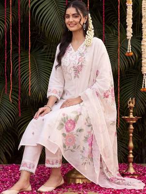 Women Floral Embroidered Regular Thread Work Kurta with Trousers & With Dupatta 5
