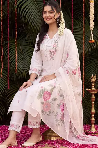 Women Floral Embroidered Regular Thread Work Kurta with Trousers & With Dupatta