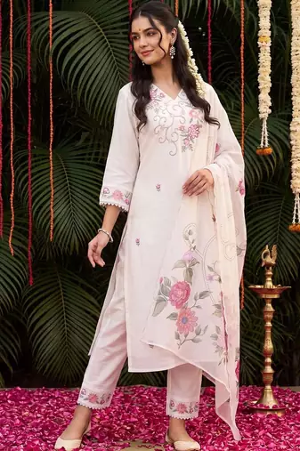 Women Floral Embroidered Regular Thread Work Kurta with Trousers & With Dupatta