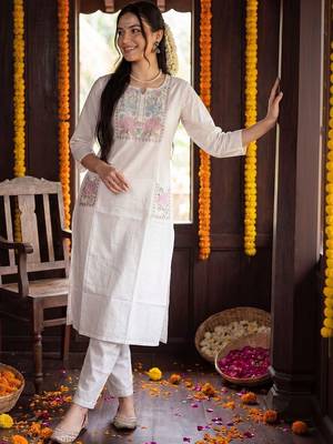 Women Floral Embroidered Regular Thread Work Pure Cotton Kurta with Trousers 1