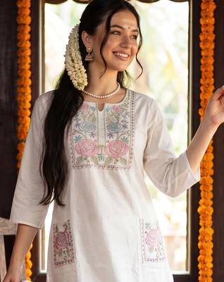 Women Floral Embroidered Regular Thread Work Pure Cotton Kurta with Trousers 2