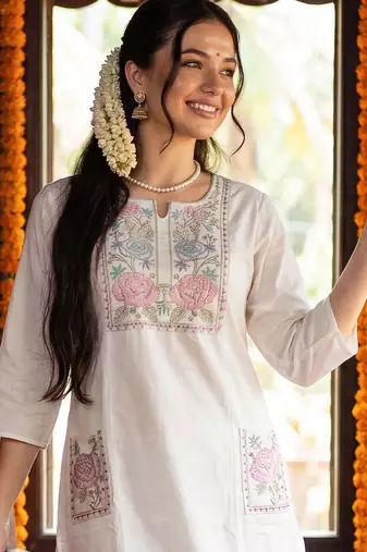 Women Floral Embroidered Regular Thread Work Pure Cotton Kurta with Trousers