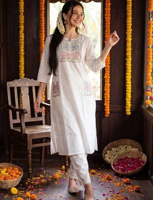 Women Floral Embroidered Regular Thread Work Pure Cotton Kurta with Trousers 6