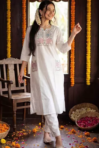 Women Floral Embroidered Regular Thread Work Pure Cotton Kurta with Trousers