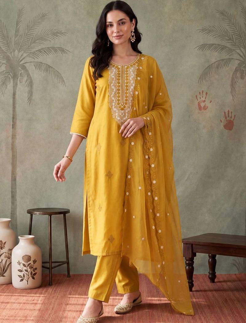 Women Ethnic Motifs Embroidered Regular Thread Work Kurta with Trousers & With Dupatta