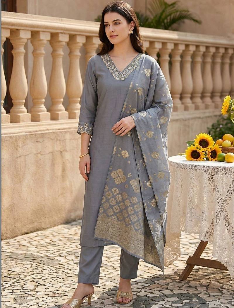 Women Ethnic Motifs Embroidered Regular Kurta with Trousers & With Dupatta