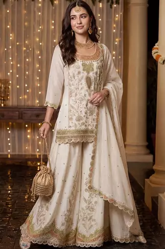 Women Ethnic Motifs Embroidered Regular Thread Work Kurta with Sharara & With Dupatta