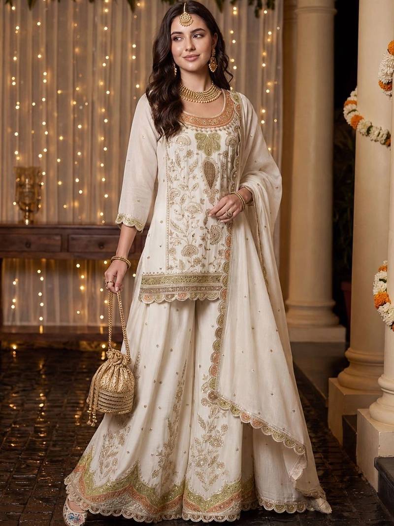Women Ethnic Motifs Embroidered Regular Thread Work Kurta with Sharara & With Dupatta