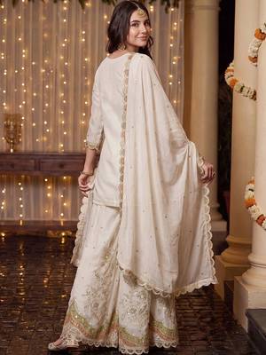 Women Ethnic Motifs Embroidered Regular Thread Work Kurta with Sharara & With Dupatta 4