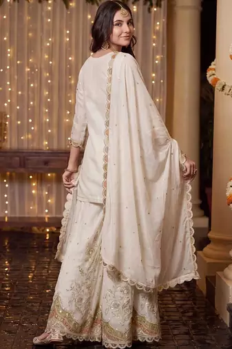 Women Ethnic Motifs Embroidered Regular Thread Work Kurta with Sharara & With Dupatta