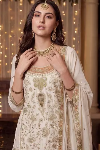 Women Ethnic Motifs Embroidered Regular Thread Work Kurta with Sharara & With Dupatta