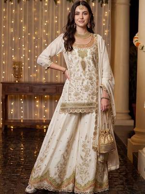 Women Ethnic Motifs Embroidered Regular Thread Work Kurta with Sharara & With Dupatta 6