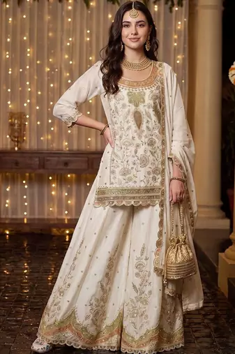 Women Ethnic Motifs Embroidered Regular Thread Work Kurta with Sharara & With Dupatta