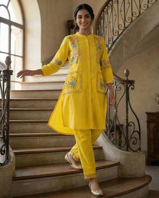 Women Floral Embroidered Regular Thread Work Kurta with Trousers 1