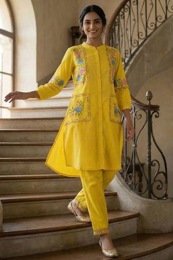 Women Floral Embroidered Regular Thread Work Kurta with Trousers