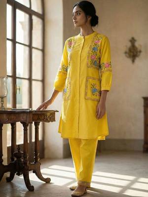 Women Floral Embroidered Regular Thread Work Kurta with Trousers 4