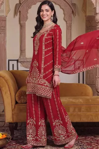 Women Ethnic Motifs Embroidered Regular Kurta with Sharara & With Dupatta