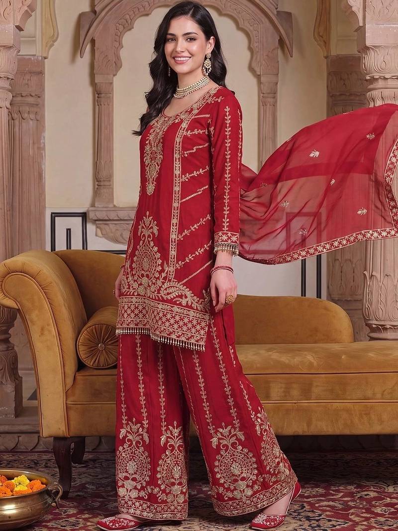 Women Ethnic Motifs Embroidered Regular Kurta with Sharara & With Dupatta
