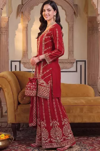 Women Ethnic Motifs Embroidered Regular Kurta with Sharara & With Dupatta