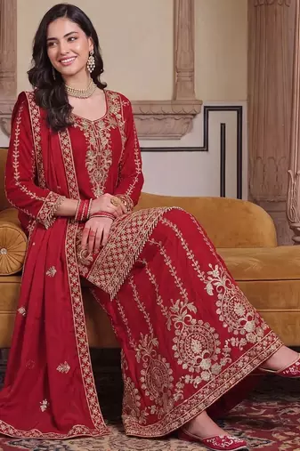 Women Ethnic Motifs Embroidered Regular Kurta with Sharara & With Dupatta