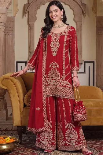 Women Ethnic Motifs Embroidered Regular Kurta with Sharara & With Dupatta