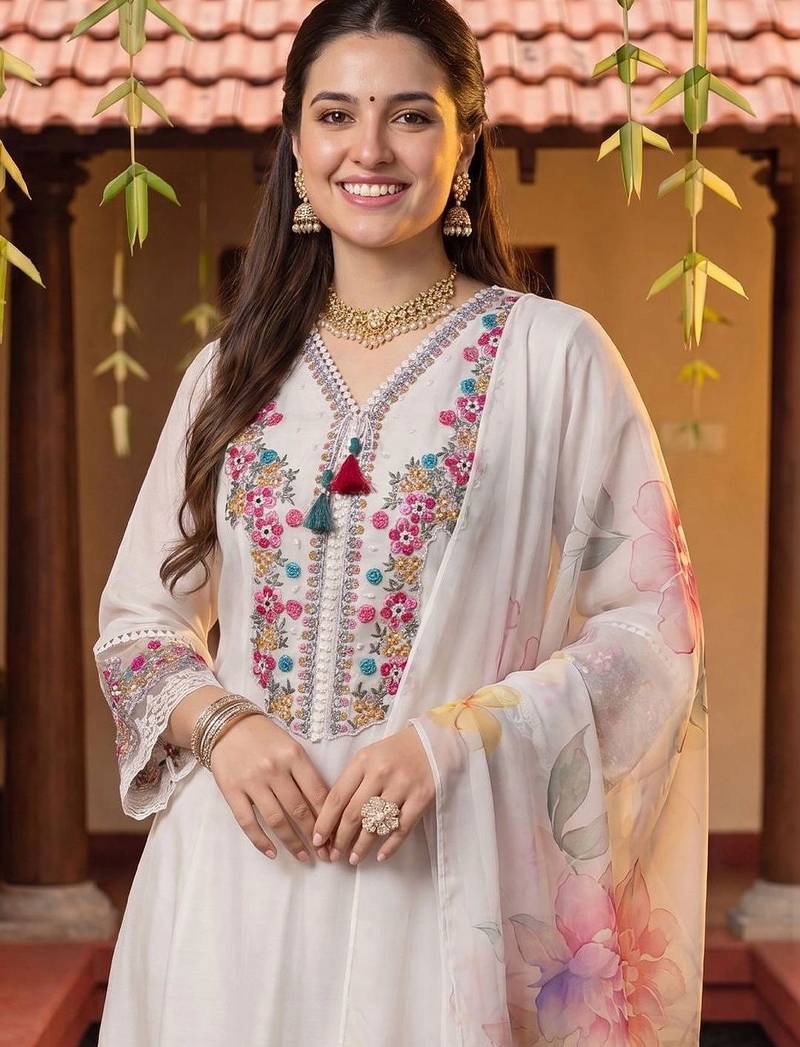 Women Floral Embroidered Regular Thread Work Kurta with Trousers & With Dupatta
