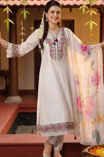 Women Floral Embroidered Regular Thread Work Kurta with Trousers & With Dupatta