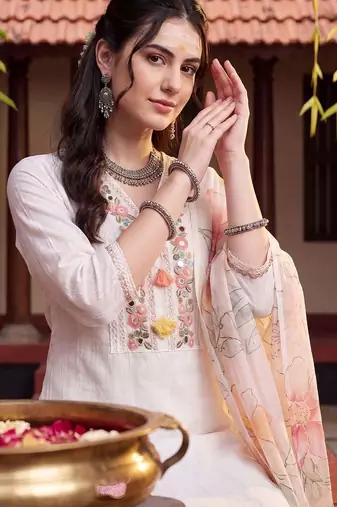 Women Ethnic Motifs Embroidered Regular Thread Work Pure Cotton Kurta with Trousers & With Dupatta