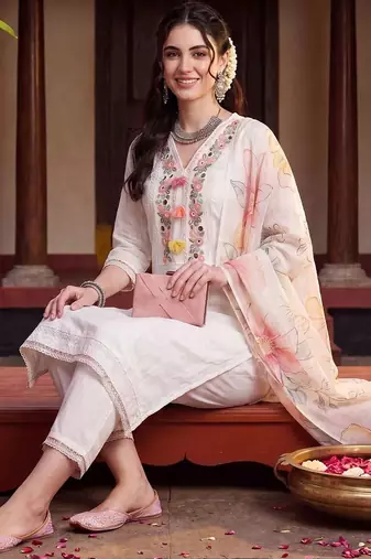 Women Ethnic Motifs Embroidered Regular Thread Work Pure Cotton Kurta with Trousers & With Dupatta
