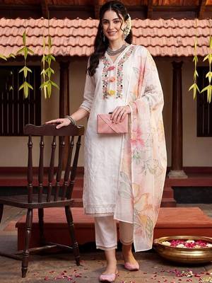 Women Ethnic Motifs Embroidered Regular Thread Work Pure Cotton Kurta with Trousers & With Dupatta 6