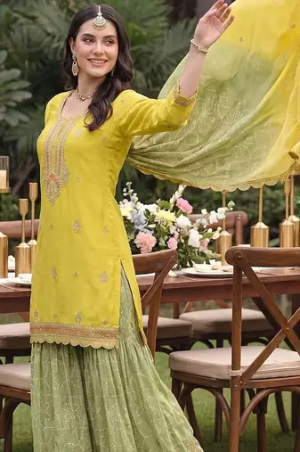 Women Ethnic Motifs Embroidered Regular Thread Work Kurta with Sharara & With Dupatta