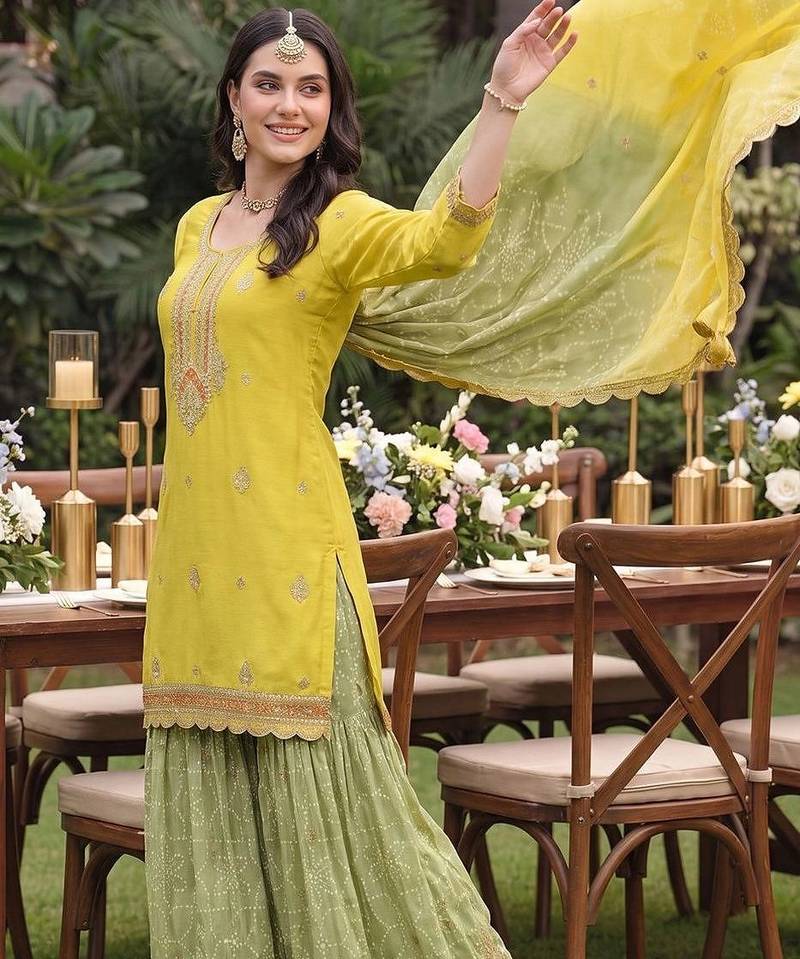 Women Ethnic Motifs Embroidered Regular Thread Work Kurta with Sharara & With Dupatta