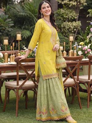 Women Ethnic Motifs Embroidered Regular Thread Work Kurta with Sharara & With Dupatta 3