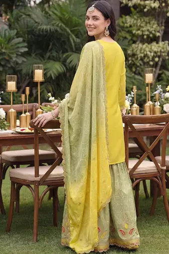 Women Ethnic Motifs Embroidered Regular Thread Work Kurta with Sharara & With Dupatta