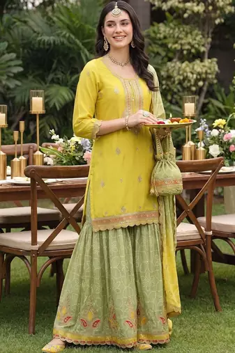 Women Ethnic Motifs Embroidered Regular Thread Work Kurta with Sharara & With Dupatta