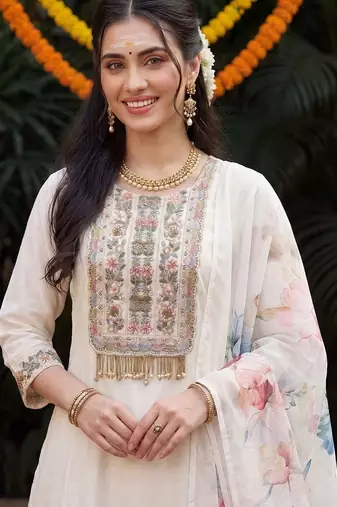 Women Ethnic Motifs Embroidered Regular Thread Work Kurta with Trousers & With Dupatta