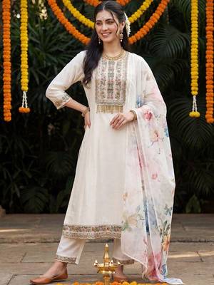 Women Ethnic Motifs Embroidered Regular Thread Work Kurta with Trousers & With Dupatta 6