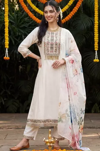 Women Ethnic Motifs Embroidered Regular Thread Work Kurta with Trousers & With Dupatta