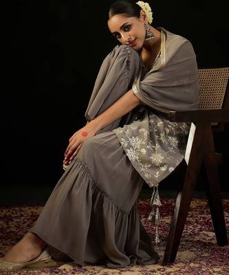 V Neck Floral Embroidered Thread Work Kurta with Sharara & Dupatta 1
