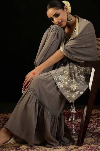V Neck Floral Embroidered Thread Work Kurta with Sharara & Dupatta