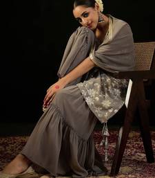 V Neck Floral Embroidered Thread Work Kurta with Sharara & Dupatta