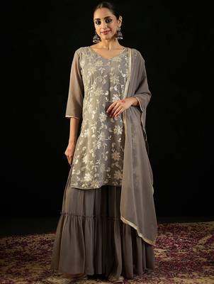 V Neck Floral Embroidered Thread Work Kurta with Sharara & Dupatta 2