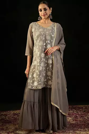 V Neck Floral Embroidered Thread Work Kurta with Sharara & Dupatta