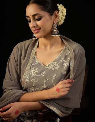 V Neck Floral Embroidered Thread Work Kurta with Sharara & Dupatta 3
