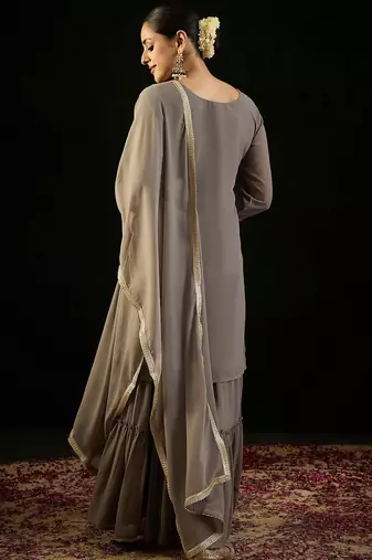 V Neck Floral Embroidered Thread Work Kurta with Sharara & Dupatta