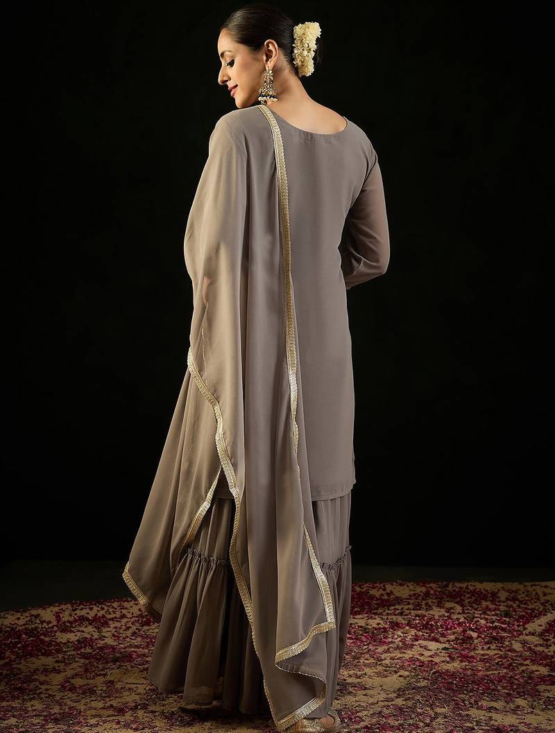 V Neck Floral Embroidered Thread Work Kurta with Sharara & Dupatta