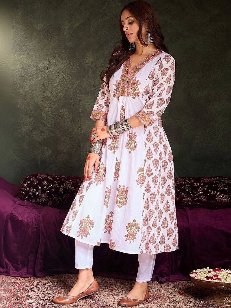 Floral Printed Panelled Pure Cotton A-Line Kurta With Trousers